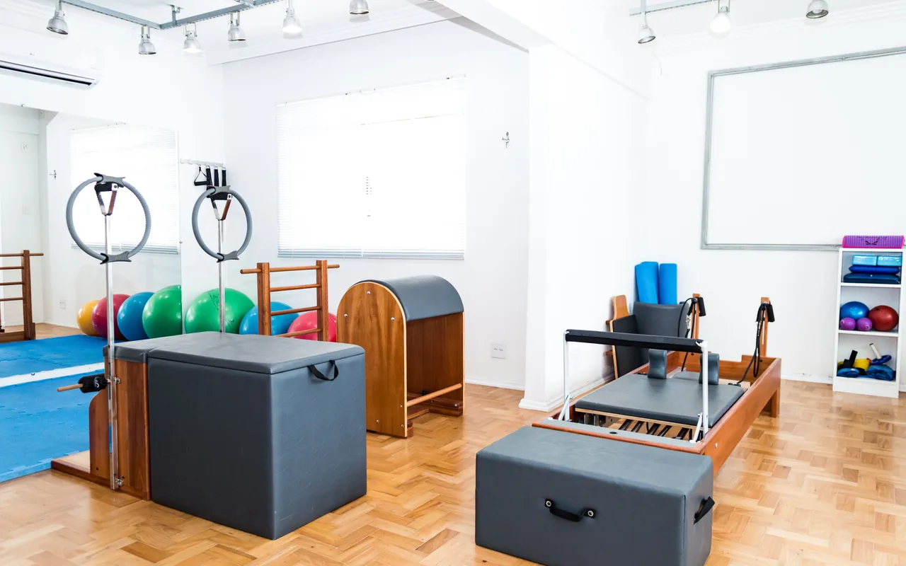 The studio floor with the props out before a class